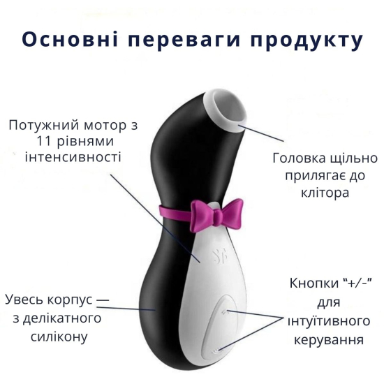 Вакуумний вібратор для клітора I’MCUM Satisfyer Penguin, 11 режимів, колір чорний