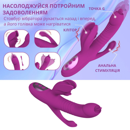 Вібратор-кролик I’MCUM Triple Bunny, 10 режимів вібрації, 7 режимів нагріву, функція обертання темно фіолетовий